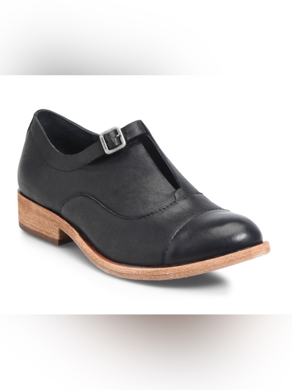 Kork-Ease Black Leather T-Strap Loafer with Natural Wood Sole